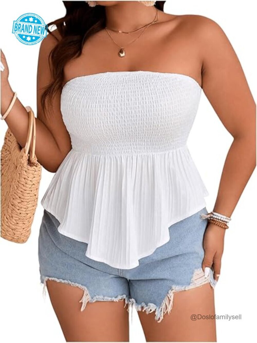 Plus Size Strapless Tank Top with Ruffle Hem Shirred Bandeau Boho Top
